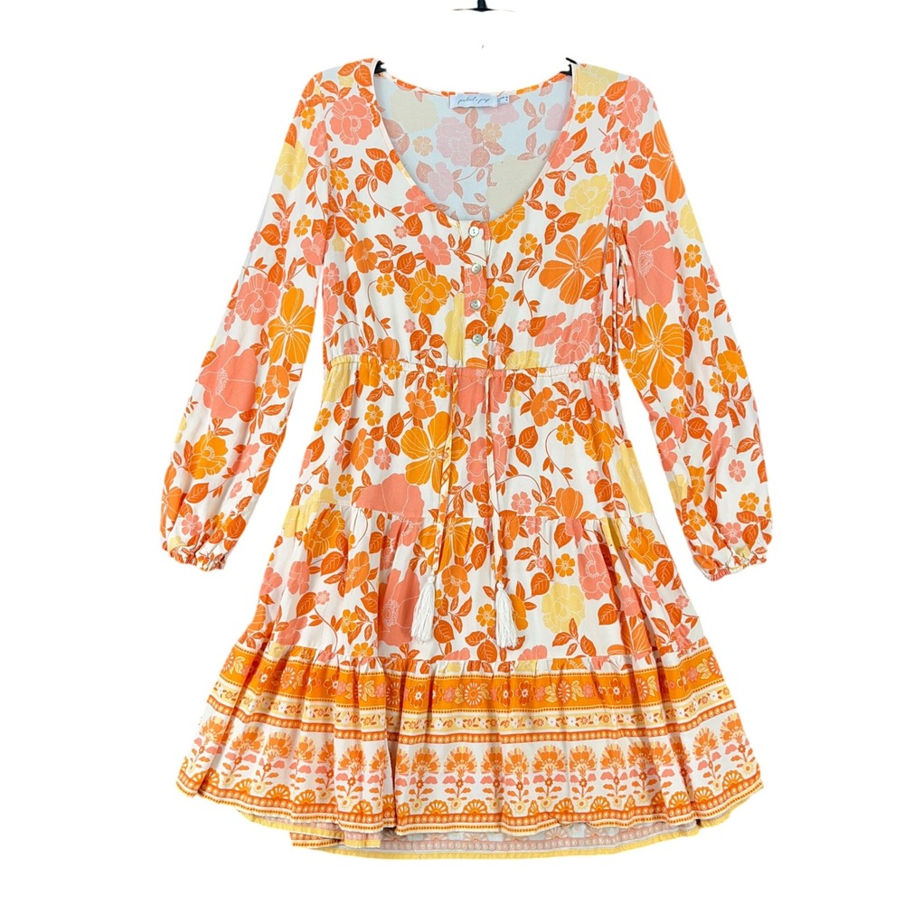 Petal‎ Pup Tiered Mini Dress Women US 6 Boho Peasant Tassel Hem Festival